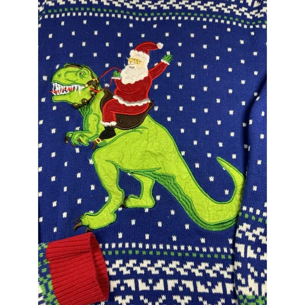 33 Degrees Santa Riding T-Rex Ugly Christmas Sweater Mens XL Blue Holiday